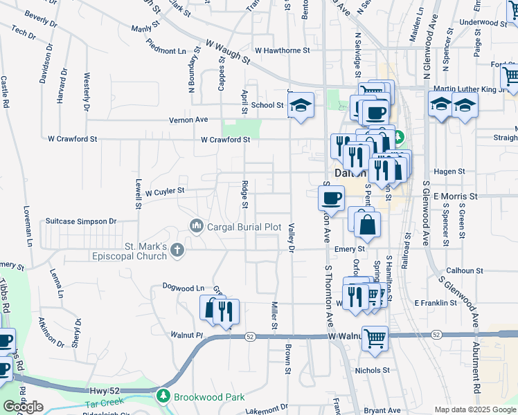 map of restaurants, bars, coffee shops, grocery stores, and more near 512 Williamsburg Drive in Dalton