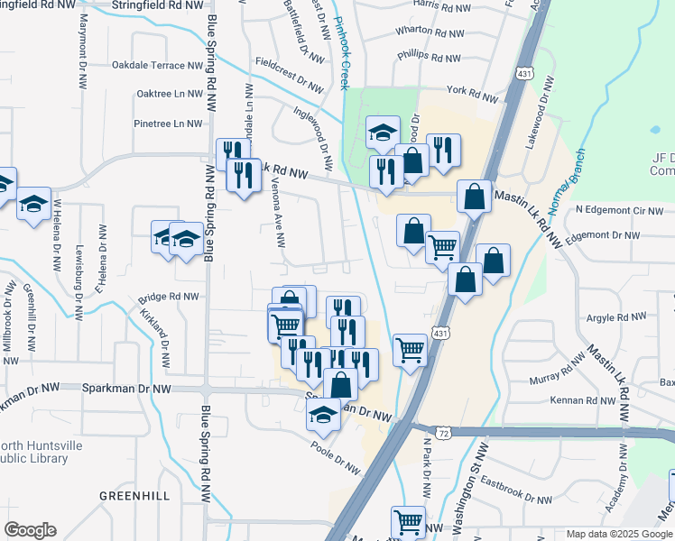map of restaurants, bars, coffee shops, grocery stores, and more near 3400 Venona Avenue Northwest in Huntsville