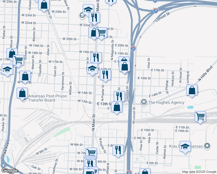 map of restaurants, bars, coffee shops, grocery stores, and more near 215 Curtis Sykes Drive in North Little Rock