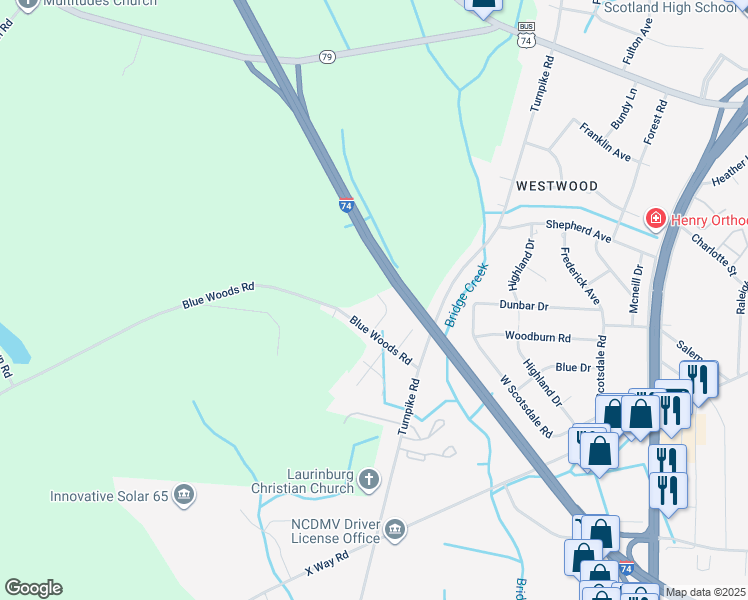 map of restaurants, bars, coffee shops, grocery stores, and more near 14341 Buckingham Street in Laurinburg