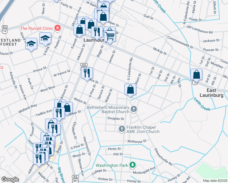 map of restaurants, bars, coffee shops, grocery stores, and more near 338 East Vance Street in Laurinburg