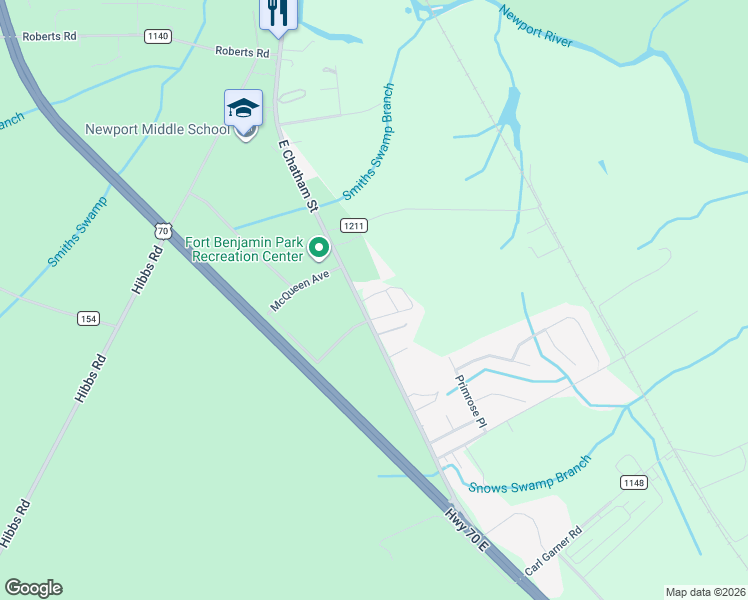 map of restaurants, bars, coffee shops, grocery stores, and more near 653 East Chatham Street in Newport