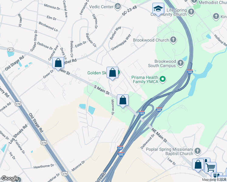 map of restaurants, bars, coffee shops, grocery stores, and more near 1802 Northeast Main Street in Simpsonville
