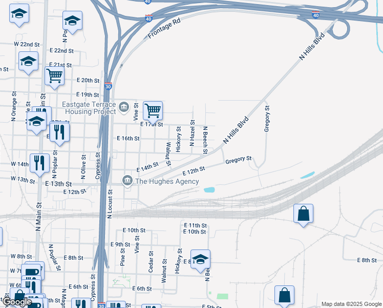 map of restaurants, bars, coffee shops, grocery stores, and more near North Hazel Street in North Little Rock