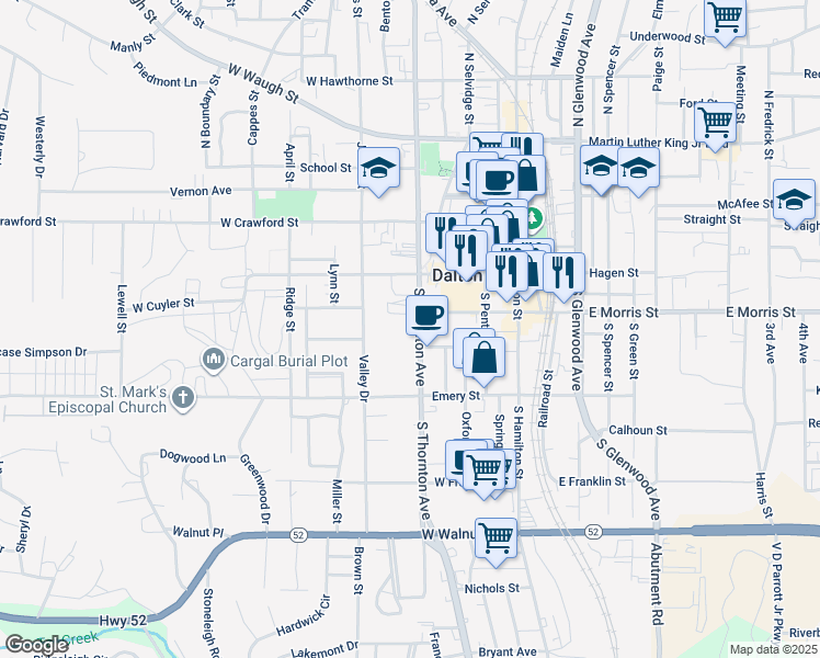 map of restaurants, bars, coffee shops, grocery stores, and more near 400 South Thornton Avenue in Dalton