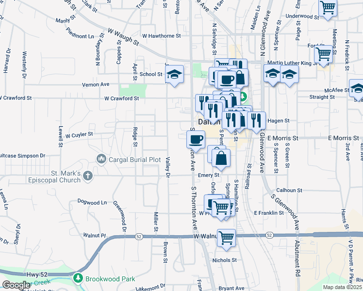 map of restaurants, bars, coffee shops, grocery stores, and more near 400 South Thornton Avenue in Dalton