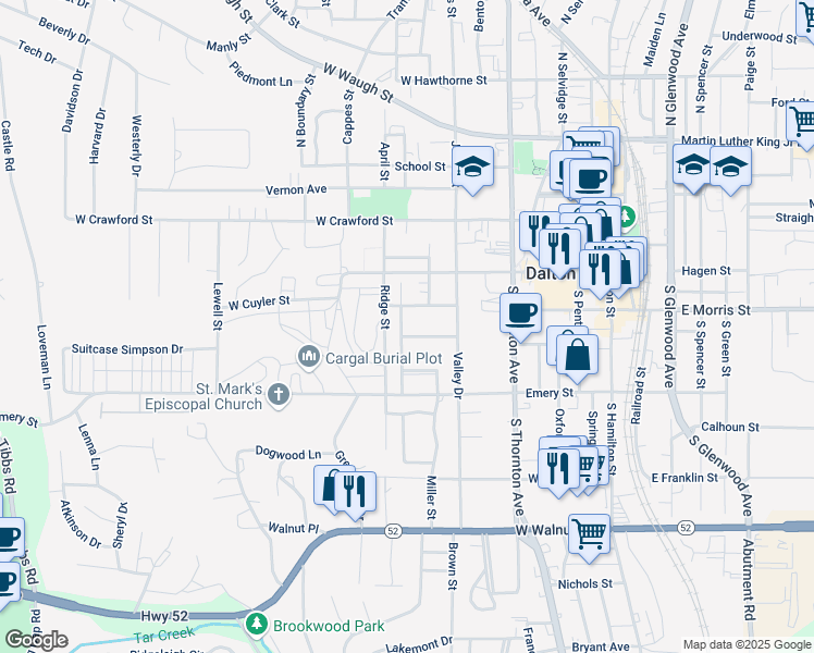 map of restaurants, bars, coffee shops, grocery stores, and more near 512 Williamsburg Drive in Dalton