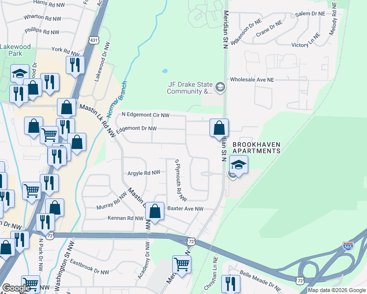 map of restaurants, bars, coffee shops, grocery stores, and more near 308 North Plymouth Road Northwest in Huntsville