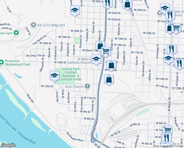 map of restaurants, bars, coffee shops, grocery stores, and more near 1418 Franklin Street in North Little Rock