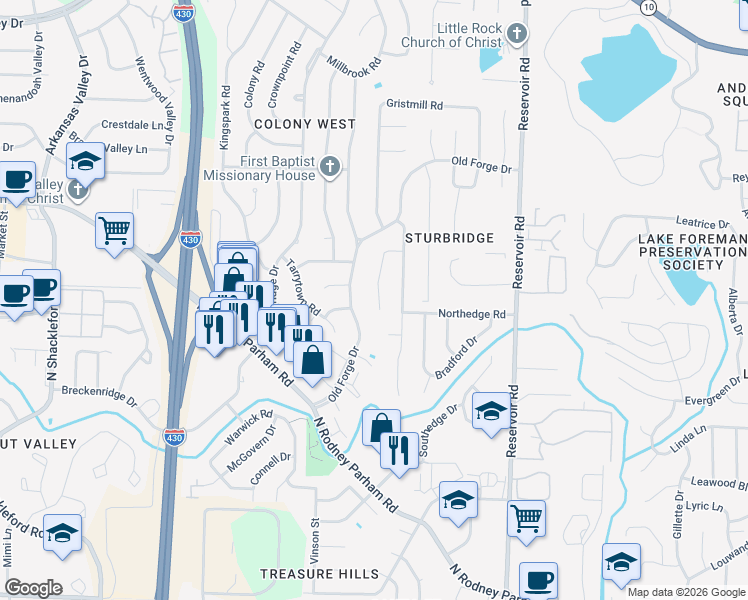 map of restaurants, bars, coffee shops, grocery stores, and more near 20 Buttermilk Road in Little Rock