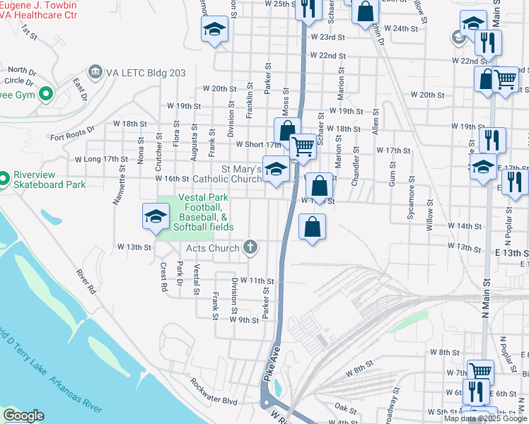 map of restaurants, bars, coffee shops, grocery stores, and more near 1418 Franklin Street in North Little Rock