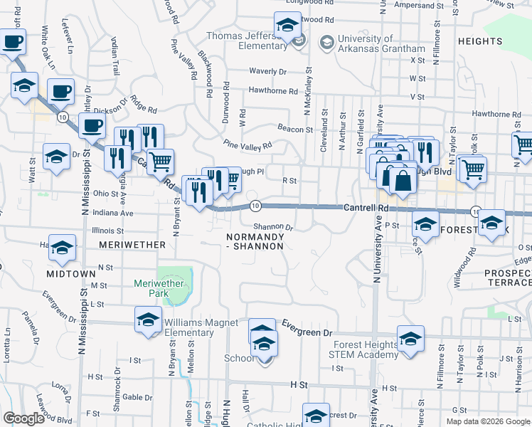 map of restaurants, bars, coffee shops, grocery stores, and more near 6513 Cantrell Road in Little Rock