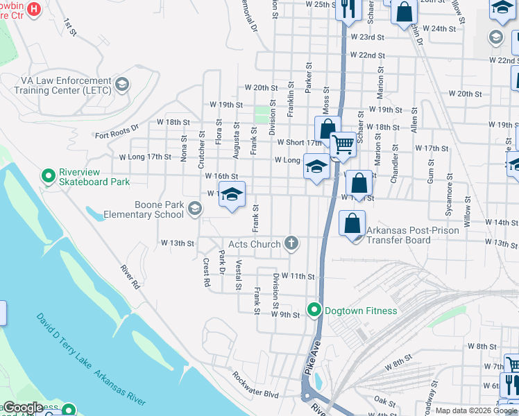 map of restaurants, bars, coffee shops, grocery stores, and more near 1415 Division Street in North Little Rock