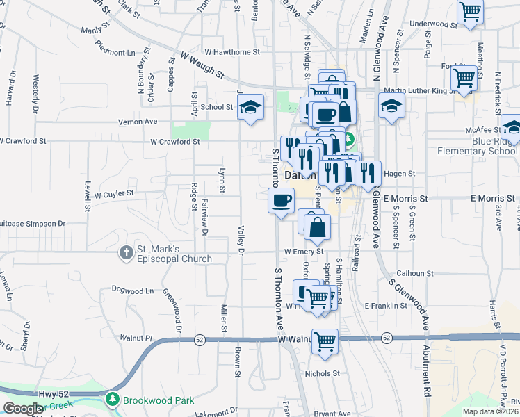map of restaurants, bars, coffee shops, grocery stores, and more near 400 South Thornton Avenue in Dalton
