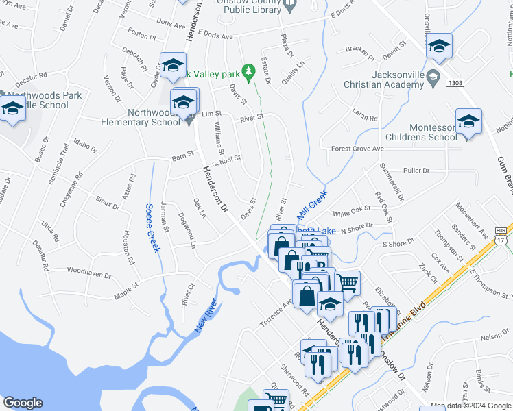 map of restaurants, bars, coffee shops, grocery stores, and more near 1016 Davis Street in Jacksonville