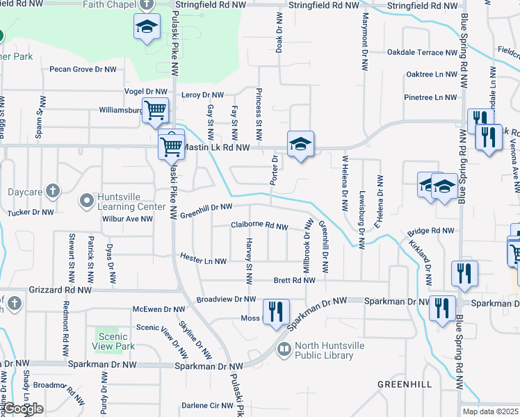 map of restaurants, bars, coffee shops, grocery stores, and more near 3121 Greenhill Drive Northwest in Huntsville