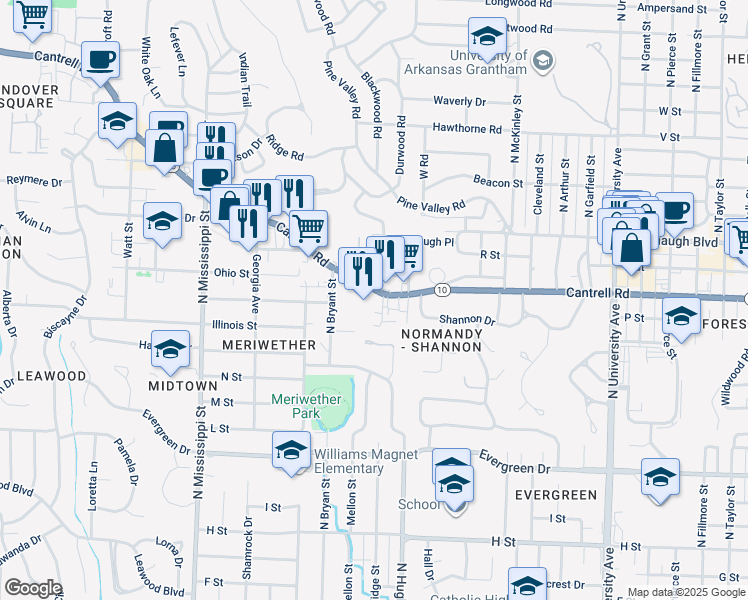 map of restaurants, bars, coffee shops, grocery stores, and more near 6820 Cantrell Road in Little Rock