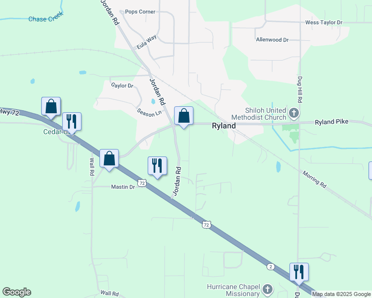 map of restaurants, bars, coffee shops, grocery stores, and more near 112 Ryland Ridge Circle in Huntsville