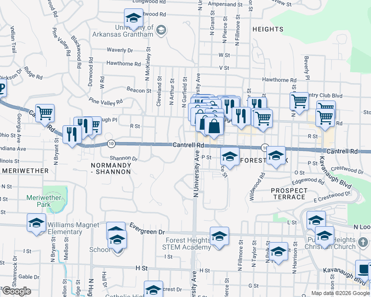 map of restaurants, bars, coffee shops, grocery stores, and more near 6112 Cantrell Road in Little Rock