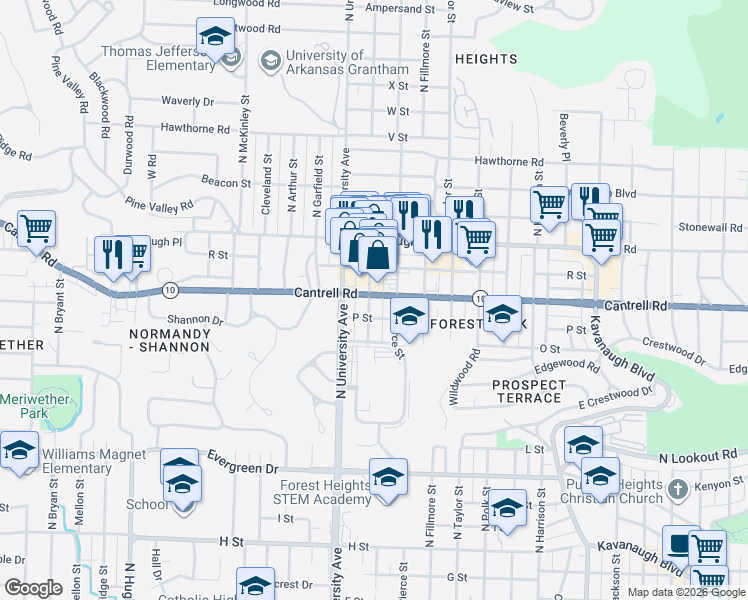 map of restaurants, bars, coffee shops, grocery stores, and more near 5823 Cantrell Road in Little Rock
