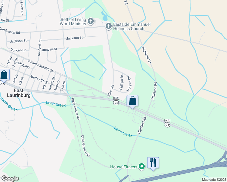 map of restaurants, bars, coffee shops, grocery stores, and more near 17240 Morgan Circle in Laurinburg