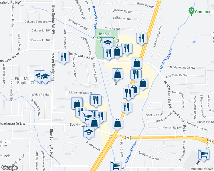 map of restaurants, bars, coffee shops, grocery stores, and more near 2211 Jonathan Drive Northwest in Huntsville