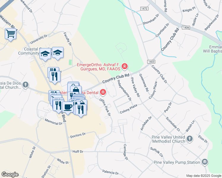 map of restaurants, bars, coffee shops, grocery stores, and more near 2100 Country Club Road in Jacksonville