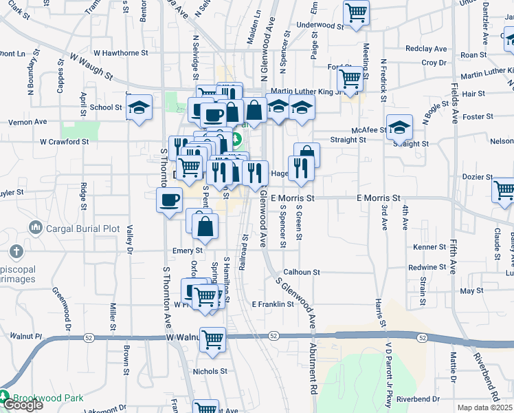 map of restaurants, bars, coffee shops, grocery stores, and more near 120 East Morris Street in Dalton