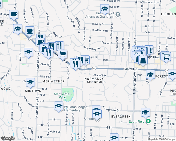 map of restaurants, bars, coffee shops, grocery stores, and more near 45 Shannon Drive in Little Rock