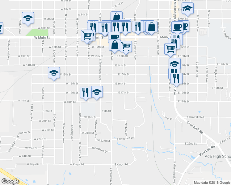 map of restaurants, bars, coffee shops, grocery stores, and more near 110 East 17th Street in Ada
