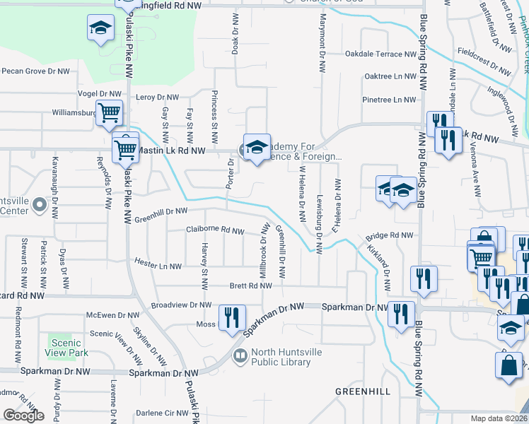 map of restaurants, bars, coffee shops, grocery stores, and more near 3104 Greenhill Drive Northwest in Huntsville