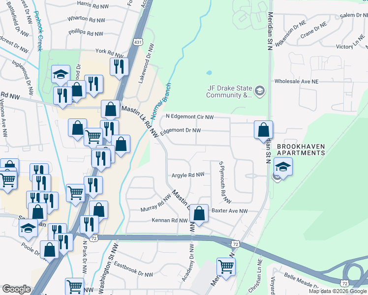 map of restaurants, bars, coffee shops, grocery stores, and more near 428 South Edgemont Circle Northwest in Huntsville