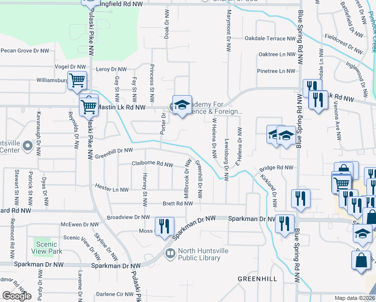 map of restaurants, bars, coffee shops, grocery stores, and more near 3104 Greenhill Drive Northwest in Huntsville