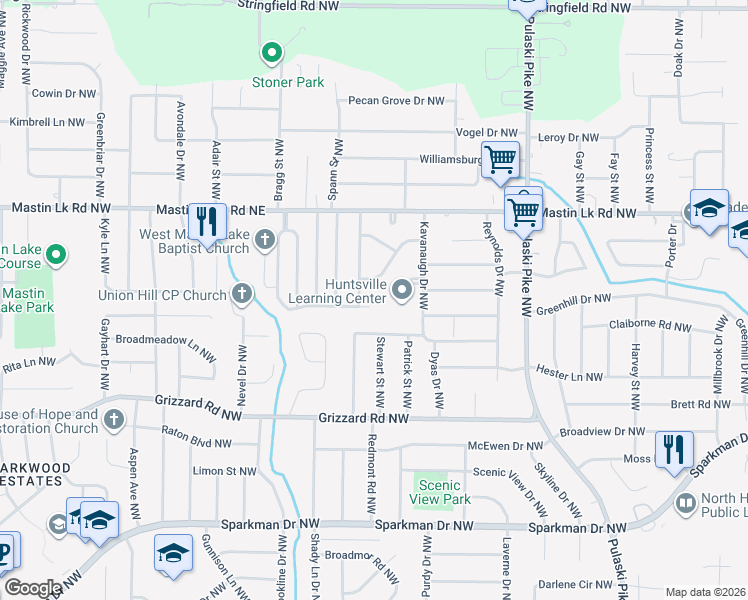map of restaurants, bars, coffee shops, grocery stores, and more near 3819 Cary Road Northwest in Huntsville