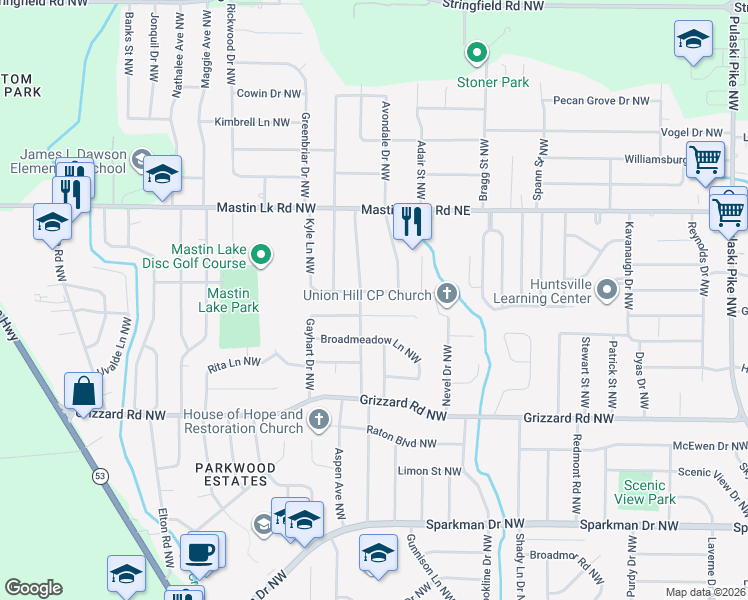 map of restaurants, bars, coffee shops, grocery stores, and more near 3400 Angora Drive Northwest in Huntsville