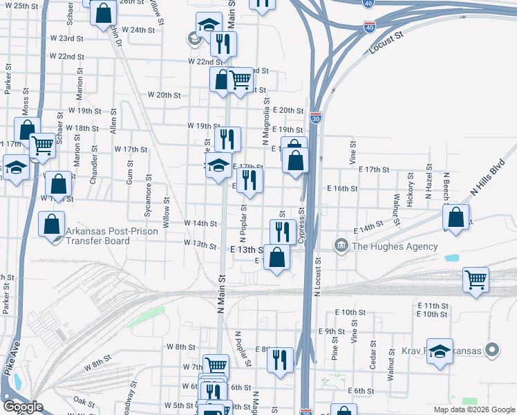 map of restaurants, bars, coffee shops, grocery stores, and more near 215 Curtis Sykes Drive in North Little Rock