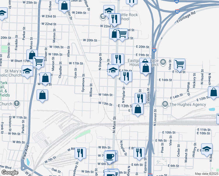 map of restaurants, bars, coffee shops, grocery stores, and more near 1500 Maple Street in North Little Rock