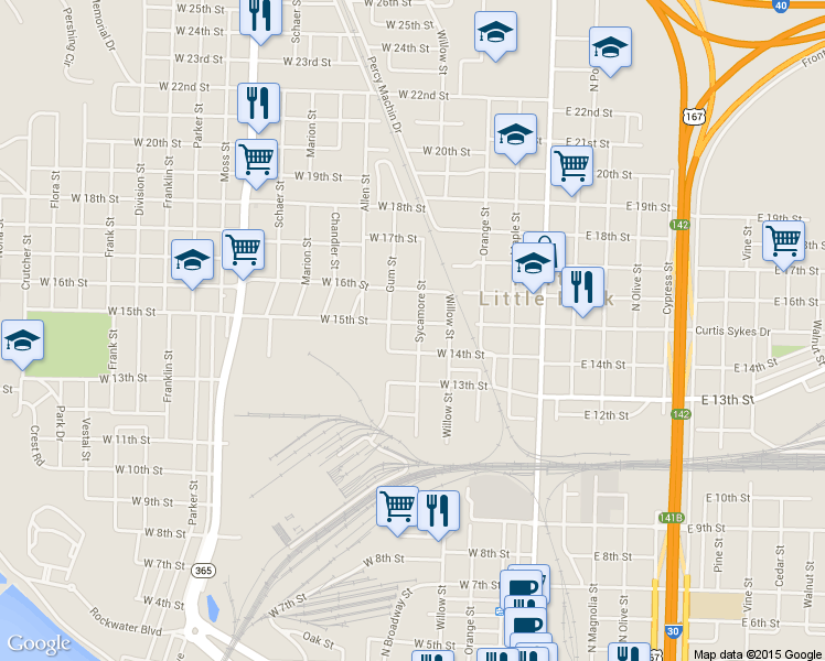 map of restaurants, bars, coffee shops, grocery stores, and more near 1501 Sycamore Street in North Little Rock
