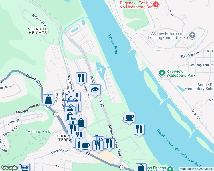 map of restaurants, bars, coffee shops, grocery stores, and more near 1815 River Heights Drive in Little Rock