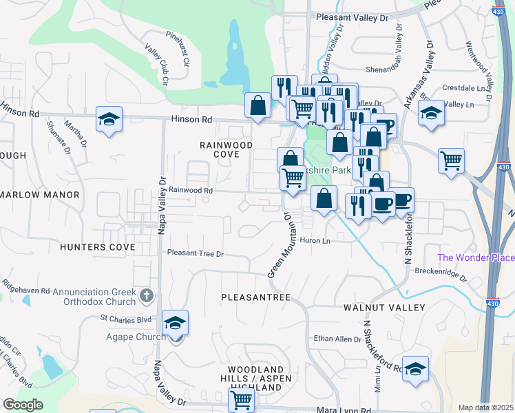 map of restaurants, bars, coffee shops, grocery stores, and more near 1602 Green Mountain Drive in Little Rock