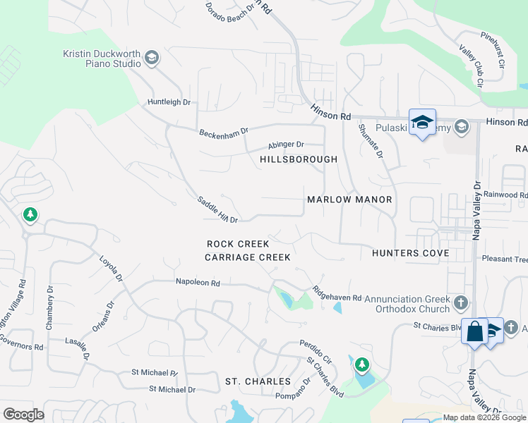 map of restaurants, bars, coffee shops, grocery stores, and more near 1501 Hillsborough Lane in Little Rock