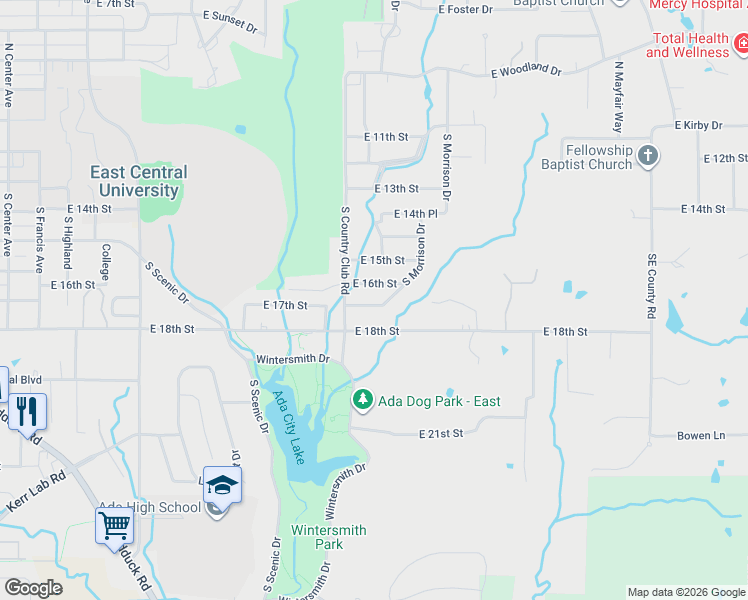 map of restaurants, bars, coffee shops, grocery stores, and more near 1829 East 16th Street in Ada