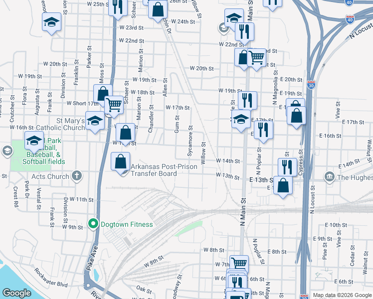 map of restaurants, bars, coffee shops, grocery stores, and more near 1501 Sycamore Street in North Little Rock