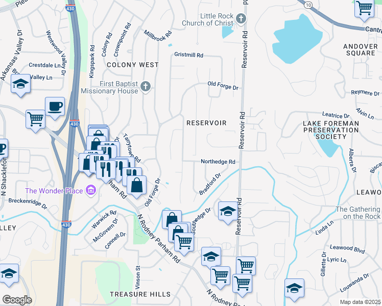 map of restaurants, bars, coffee shops, grocery stores, and more near 21 Coachlight Drive in Little Rock