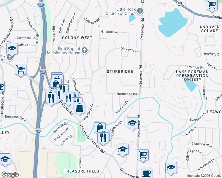 map of restaurants, bars, coffee shops, grocery stores, and more near 21 Coachlight Drive in Little Rock