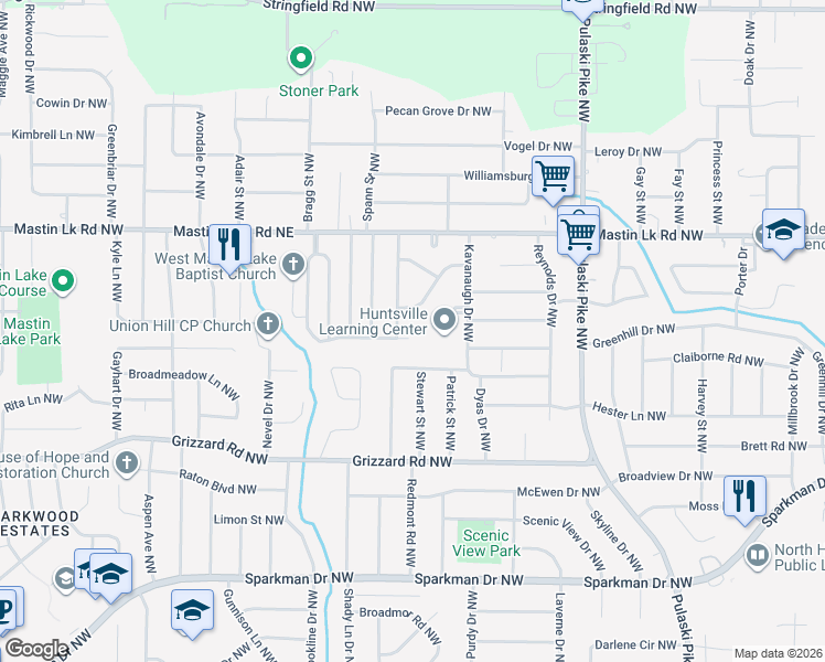 map of restaurants, bars, coffee shops, grocery stores, and more near 3819 Cary Road Northwest in Huntsville