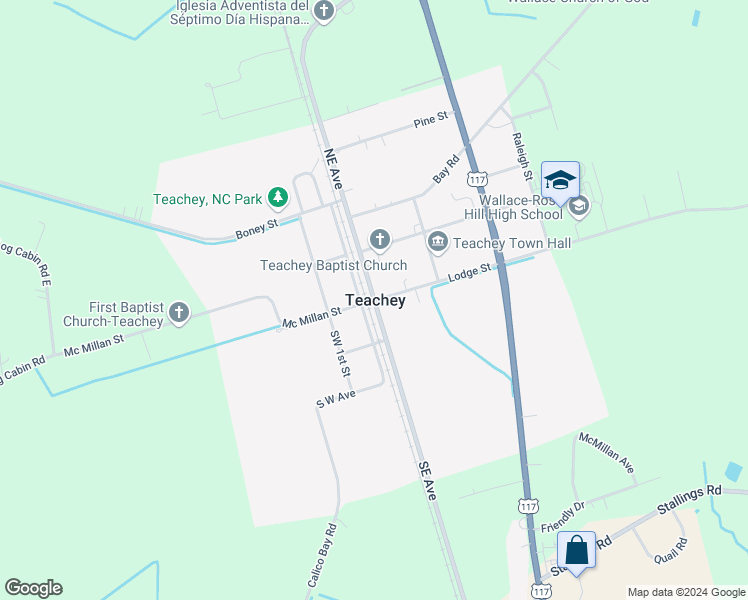 map of restaurants, bars, coffee shops, grocery stores, and more near State Road 1150 in Teachey