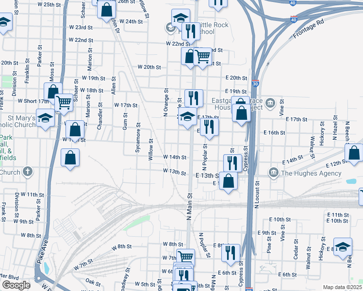 map of restaurants, bars, coffee shops, grocery stores, and more near 110 West 15th Street in North Little Rock