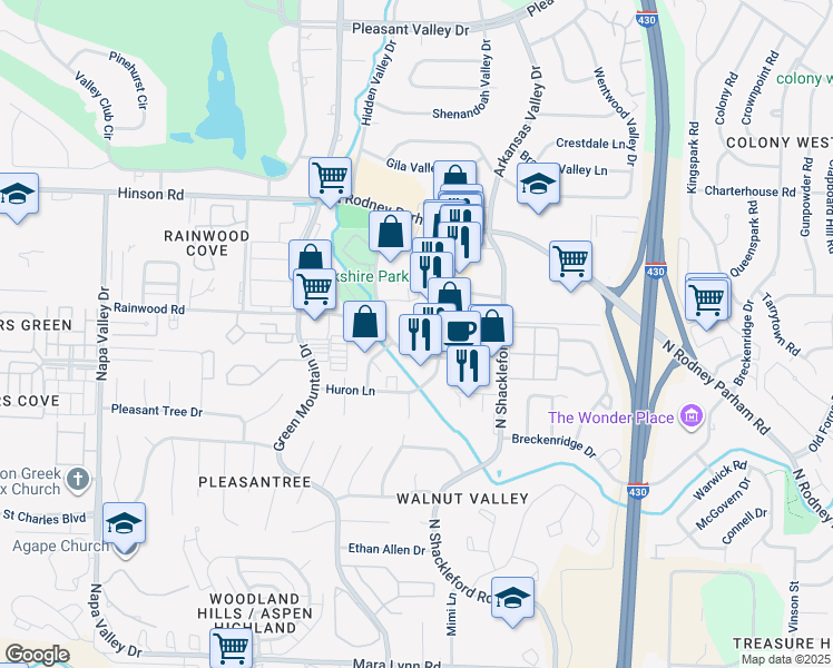 map of restaurants, bars, coffee shops, grocery stores, and more near 1506 Market Street in Little Rock