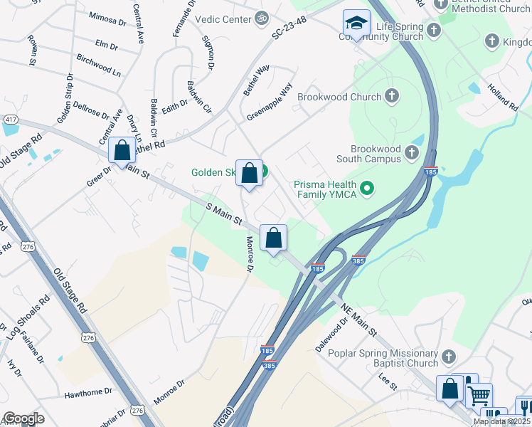 map of restaurants, bars, coffee shops, grocery stores, and more near 208 Clearwood Drive in Simpsonville